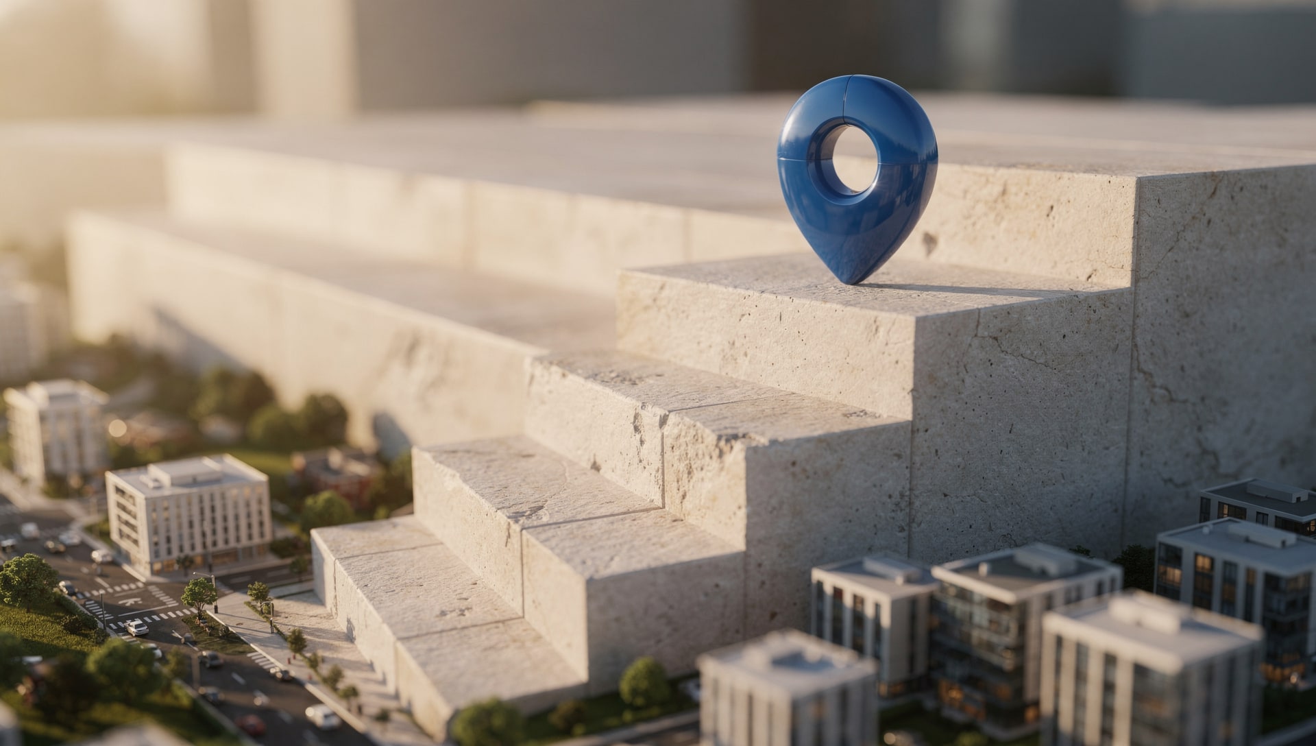 Blue map pin standing on the tallest podium step above a miniature city