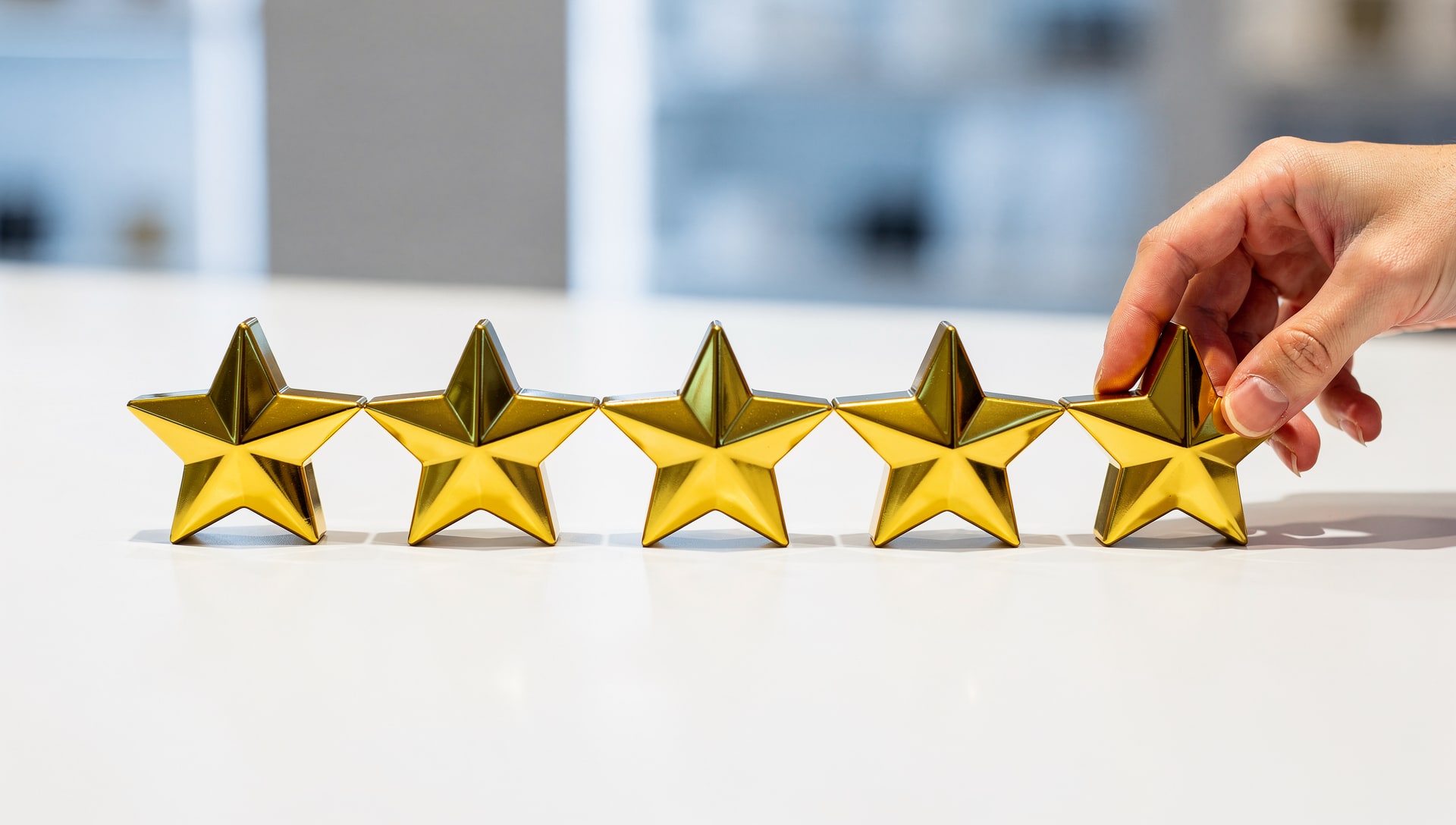 Five golden stars floating above a shop counter with a hand reaching toward them