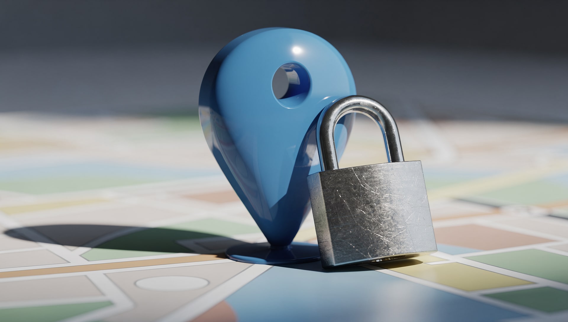 Blue map pin with a padlock at its base, symbolizing a suspended profile