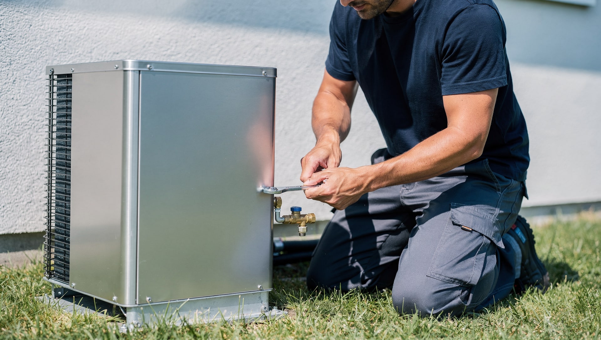 HVAC technician servicing an outdoor air-conditioning condenser unit