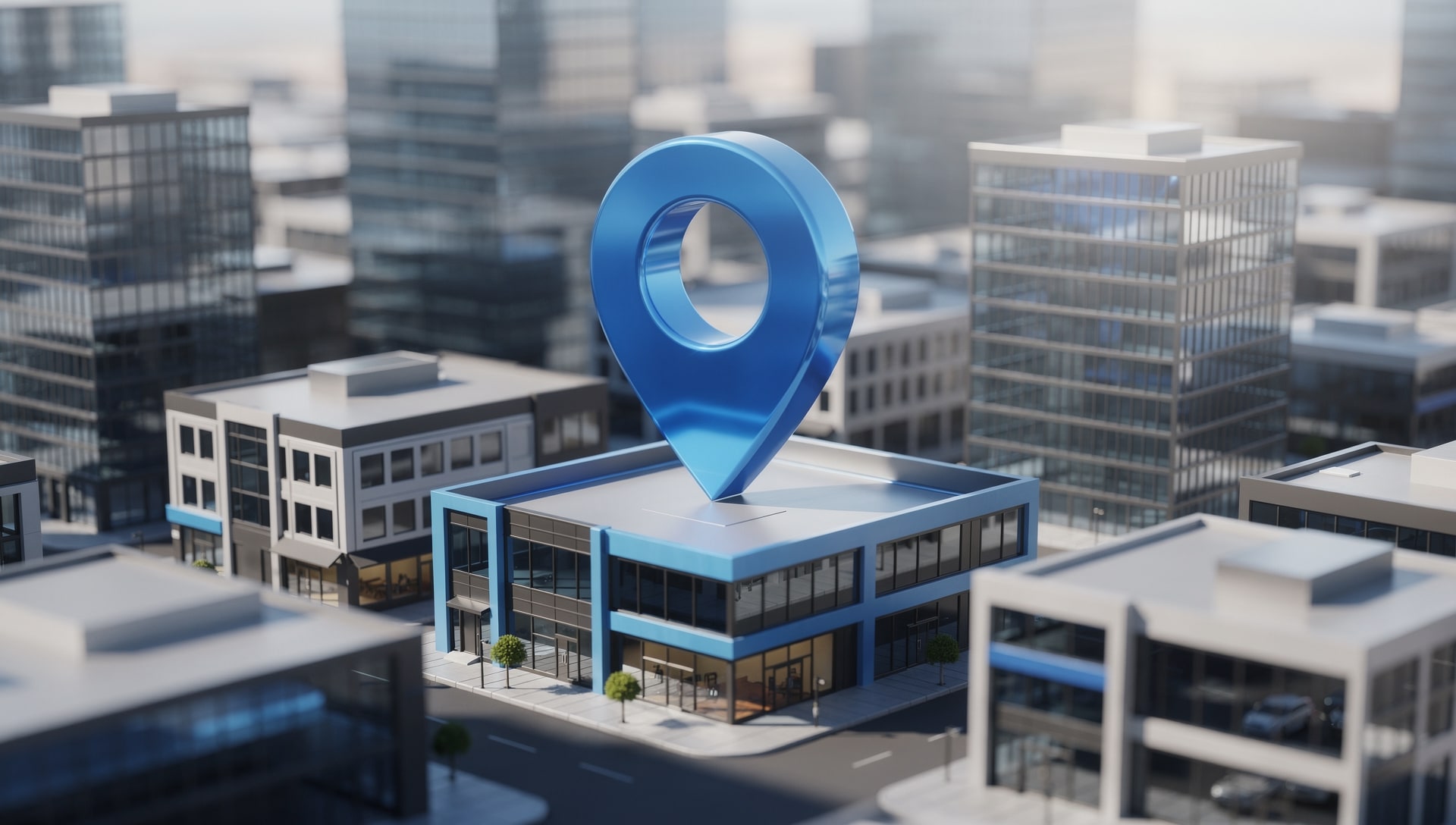 3D map pin rising above a neighborhood, representing a business ranking at the top of Google Maps