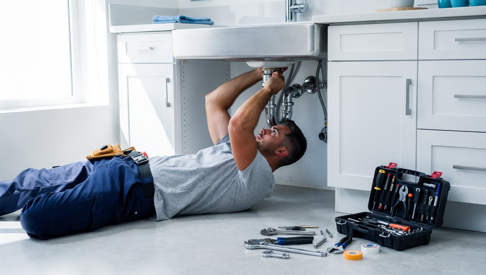 Plumber repairing a kitchen sink drain with professional tools laid out