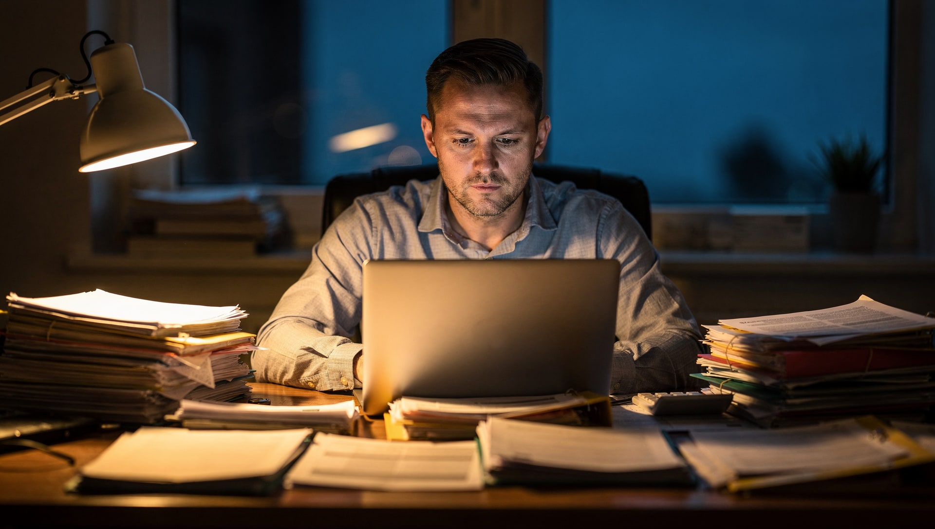 Business owner working late at night on a laptop surrounded by paperwork