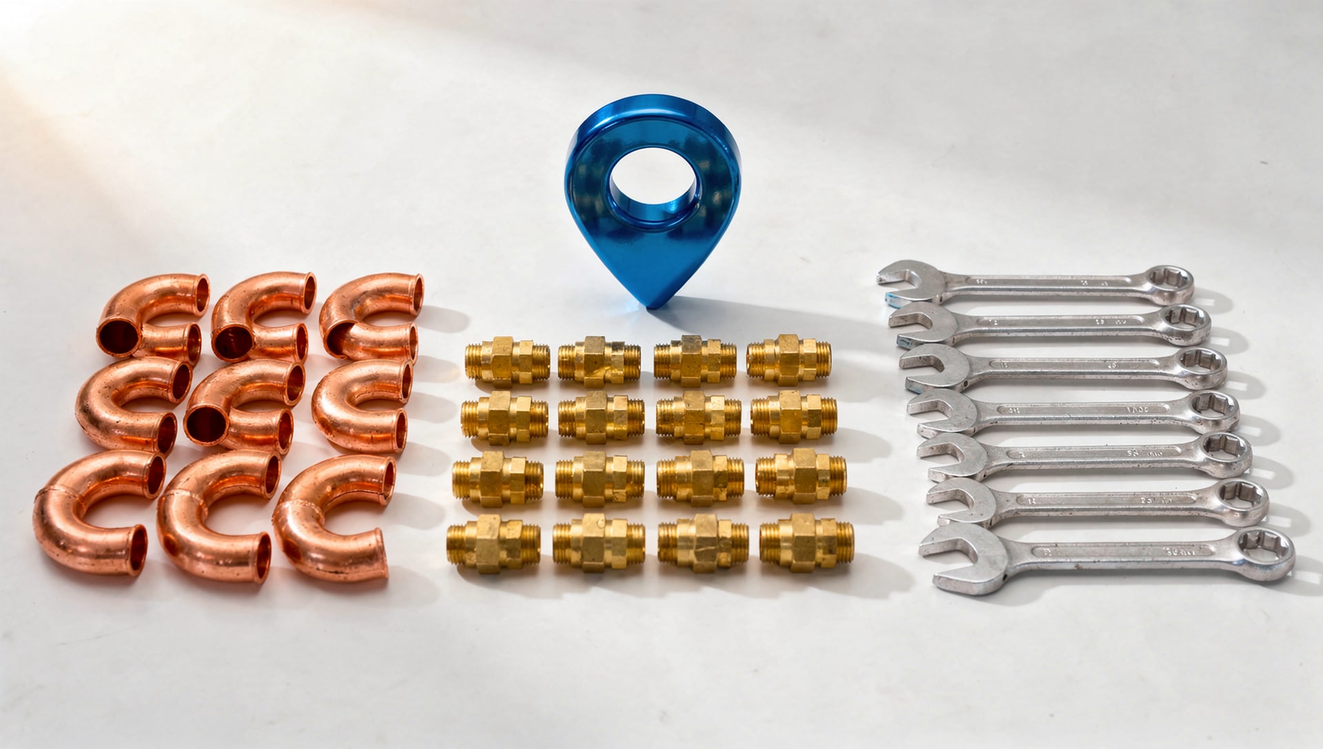 Plumbing fittings sorted into neat groups around a blue map pin, symbolizing choosing the right category