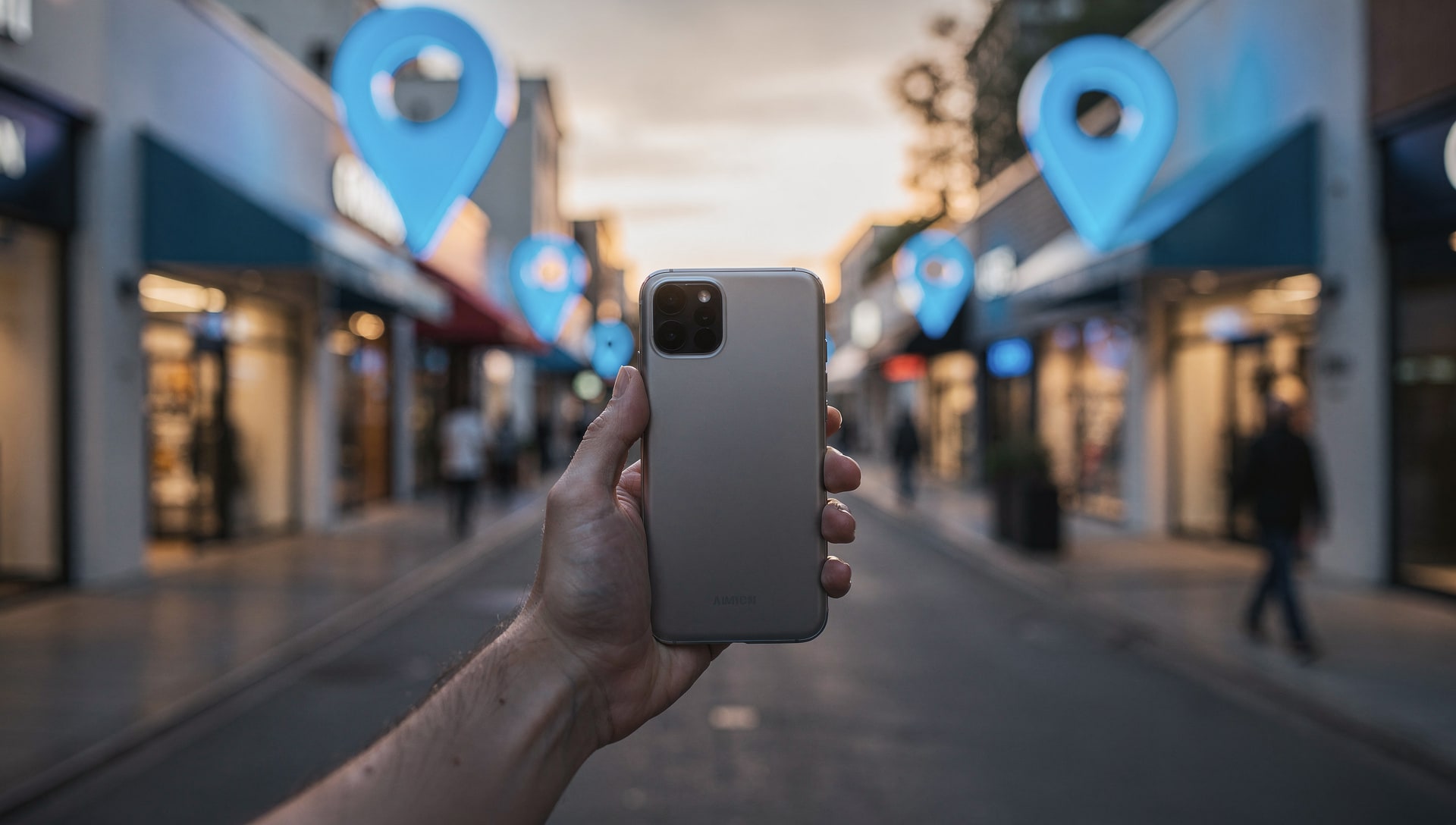 Glowing location pins floating above small shops along a commercial street