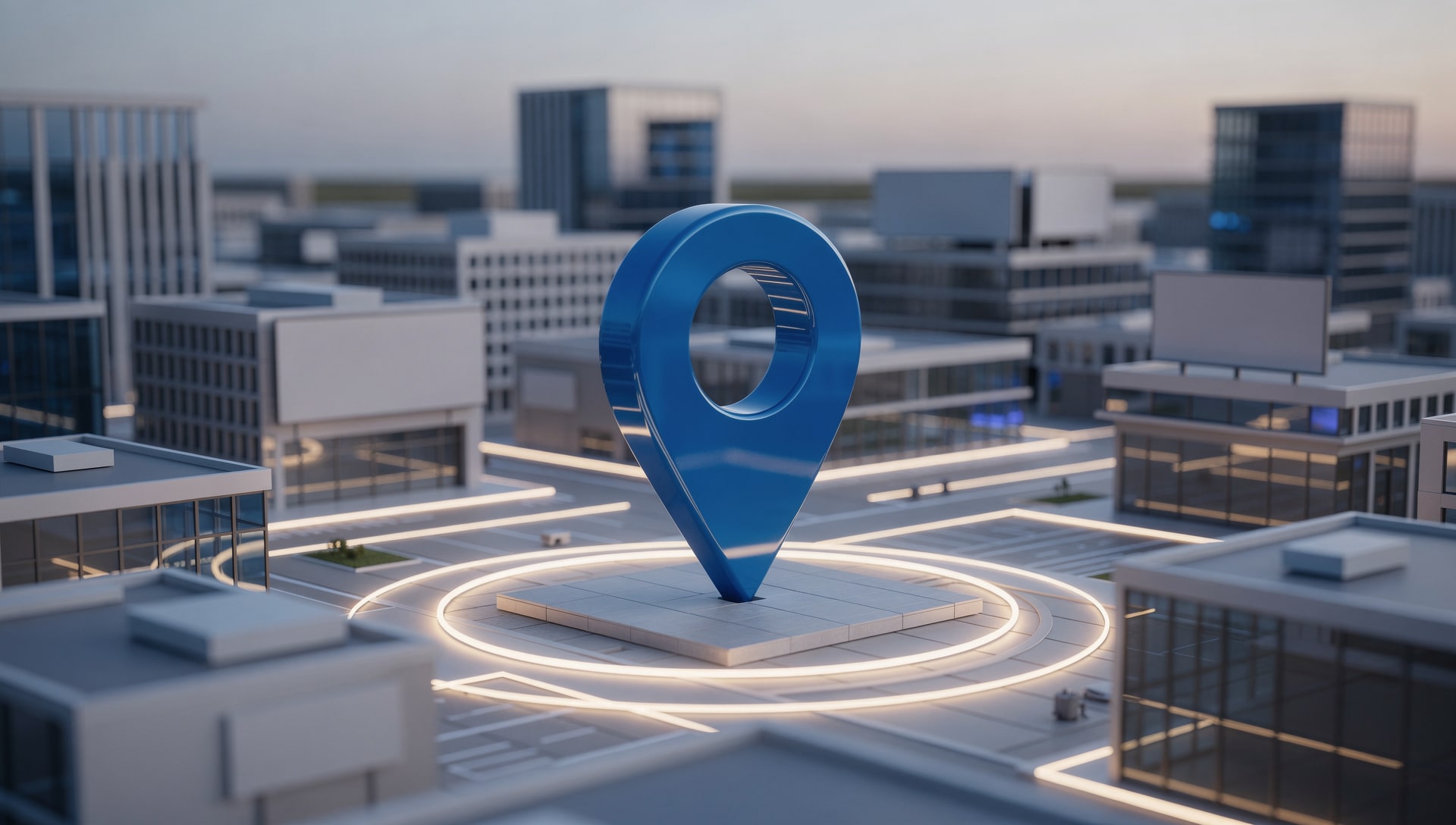 Map pin radiating glowing rings outward across a miniature city at dusk