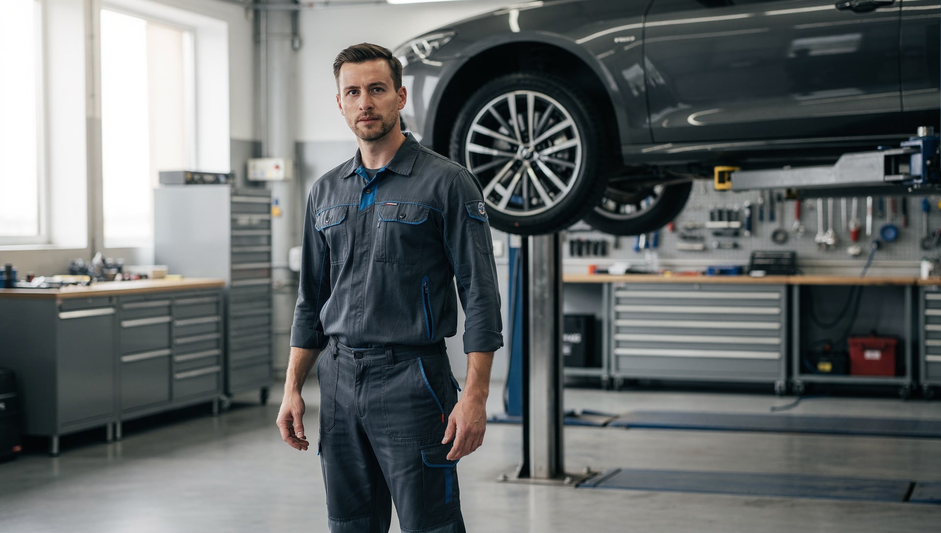 Auto mechanic standing in a modern repair shop with a car raised on a lift