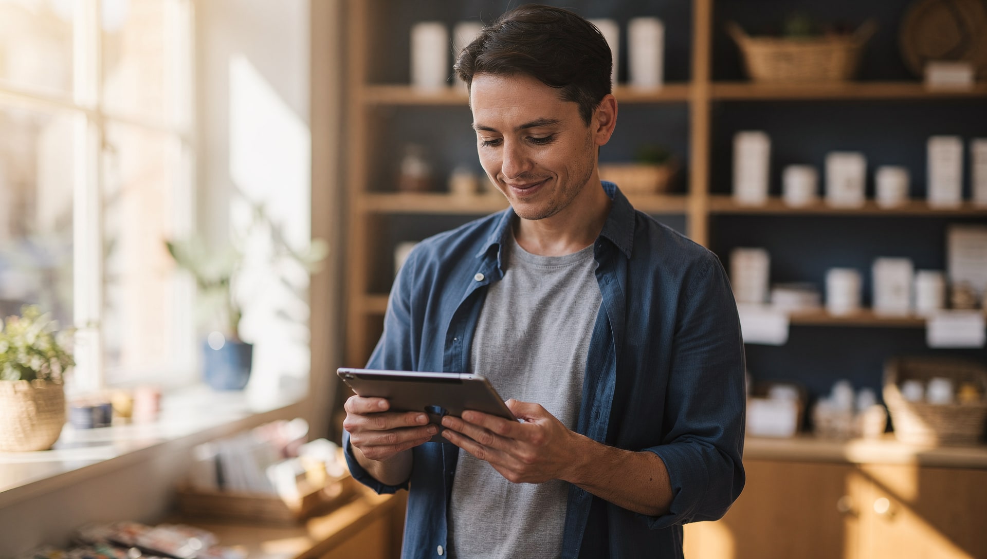 Small-business owner in their shop reviewing their Google Business Profile on a tablet